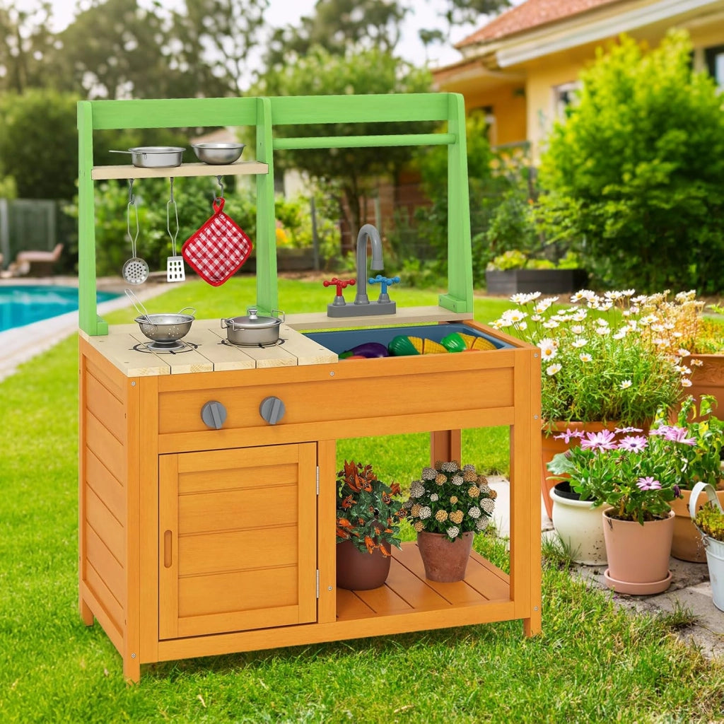 Cucina Giocattolo in Legno, Cucina da Gioco all'Aperto con Fornelli Realistici, Rubinetto, Lavandino, Forno e Accessori per Pentole, Giocattoli per Bambini dai 3+ Anni