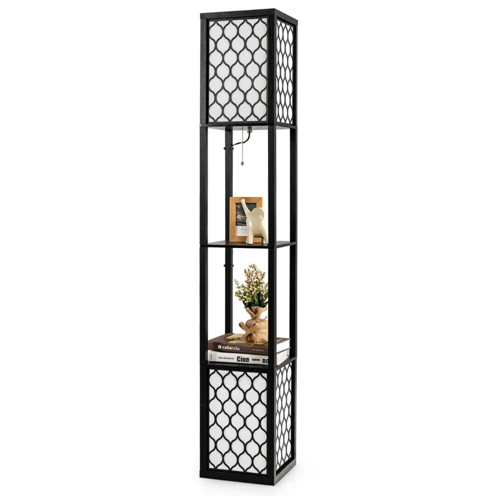 Lampada a stelo e scaffale moderno con interruttore a pedale e a catena, Doppia lampada con 2 ripiani di legno