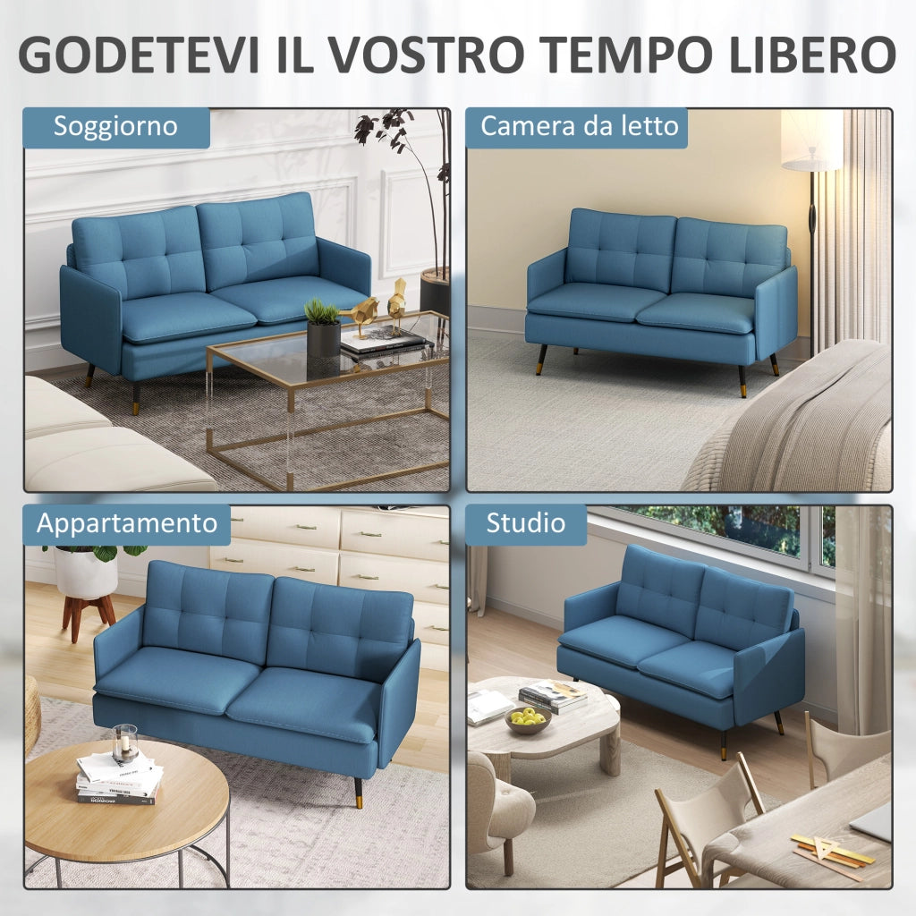 Divano 2 Posti in Tessuto con Cuscini Imbottiti e Gambe in Acciaio 139x68x80cm, Blu Scuro
