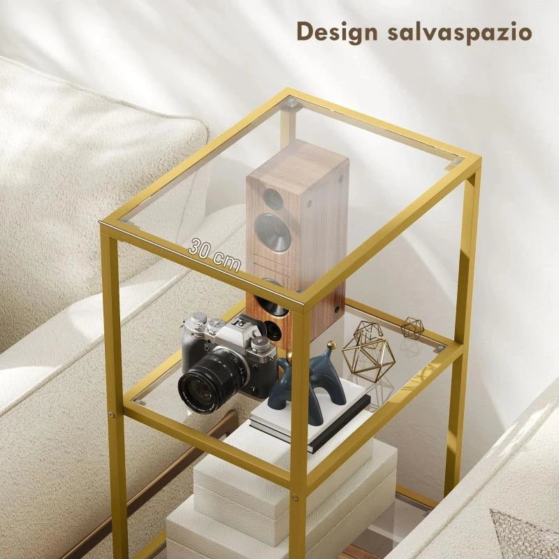 MOBILETTO SCAFFALE A 4 LIVELLI MINIMAL IN METALLO E VETRO TEMPERATO, 40X30X96.5 CM, COLOR ORO