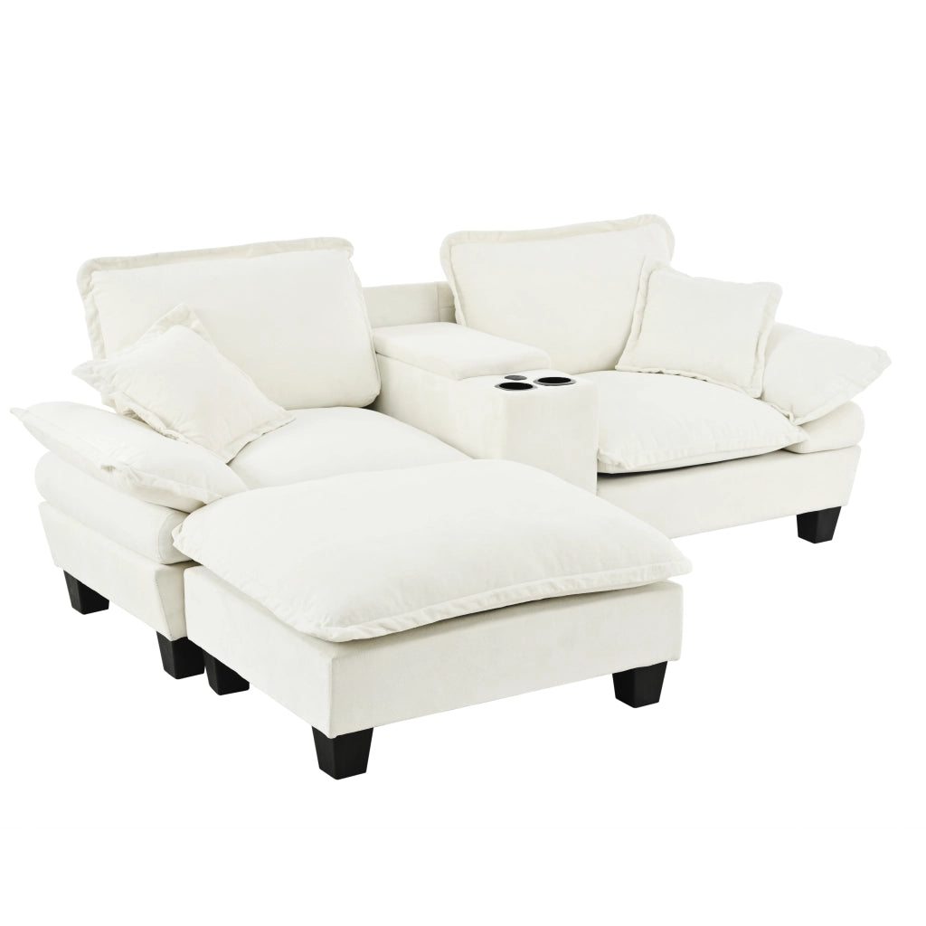 Divano modulare a L in cheniglia con USB; contenitore e portabevande beige