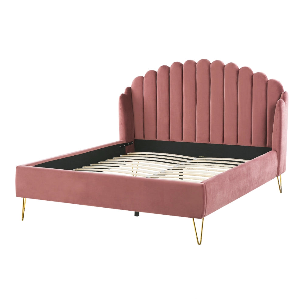 Letto con rete in velluto rosa 140 x 200 cm gambe in metallo testata retro capitonné