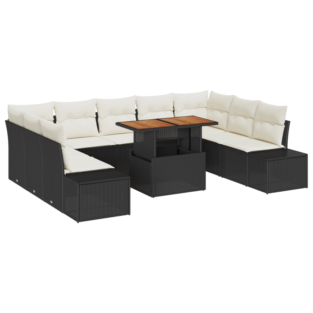 Set da Pranzo da Giardino con 10 Pezzi e Cuscini Nero in Rattan Poliestere e Acacia