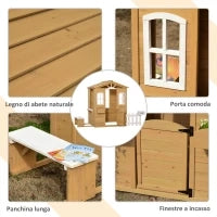 Casetta per Bambini in Legno con Finestre, Staccionata e Panca, 205x119x140 cm, Legno Naturale