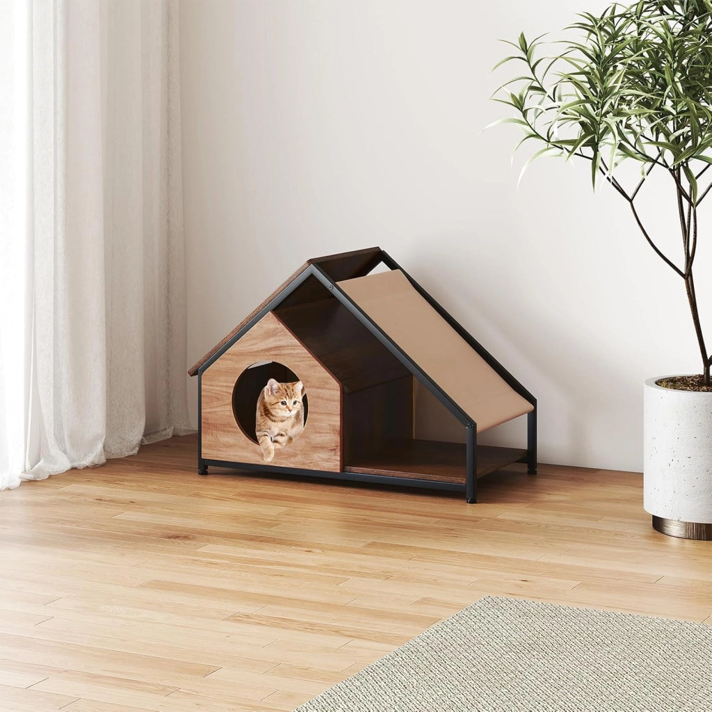 Casetta per Gatti da Interno, Cuccia per Gatti in Legno con Veranda, Tetto Inclinato Staccabile e Struttura in Metallo, Villa Industriale per Gattini, 84 x 43 x 58,5 cm