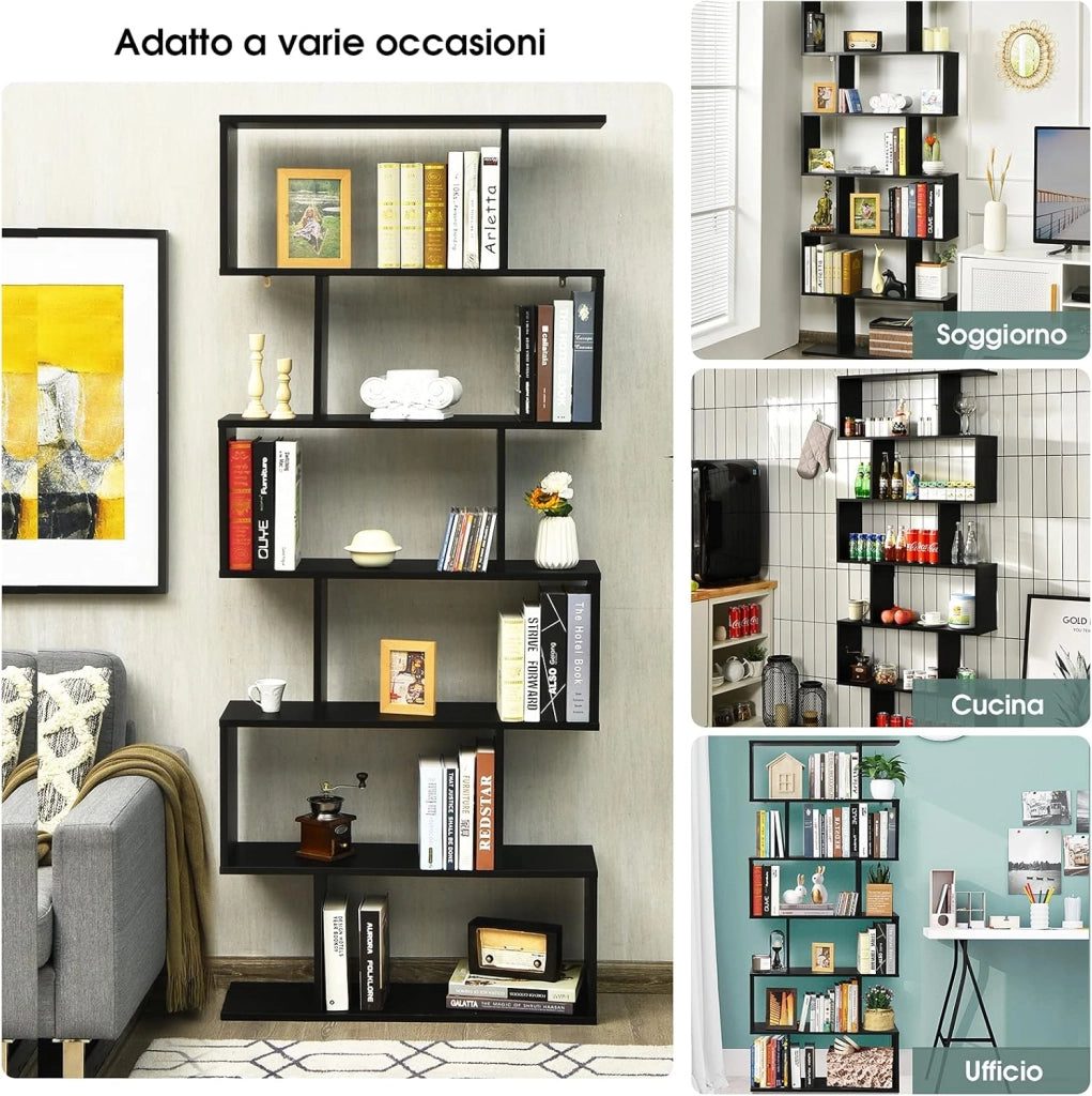 Libreria in Legno Scaffale Multifunzionale a 6 Ripiani per Piante e Libri per Ufficio Casa Ripiano a Forma di S, 80 x 23 x 192 cm (Nero)