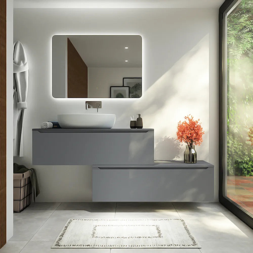 Mobile bagno sospeso modulare 90 cm grigio opaco due cassetti con top | Bako