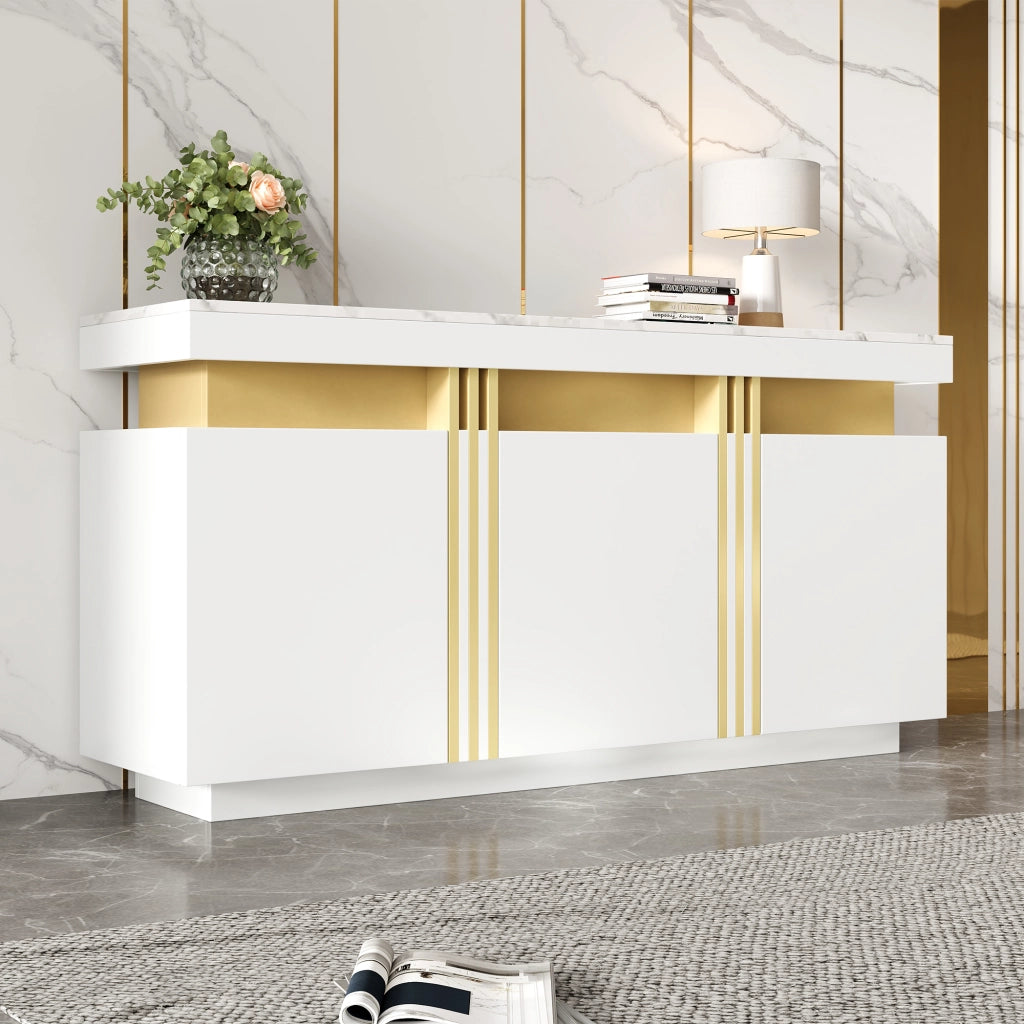 Credenza moderna bianca con 3 ante e ripiani regolabili in truciolare effetto marmo 140 × 38 × 70 cm