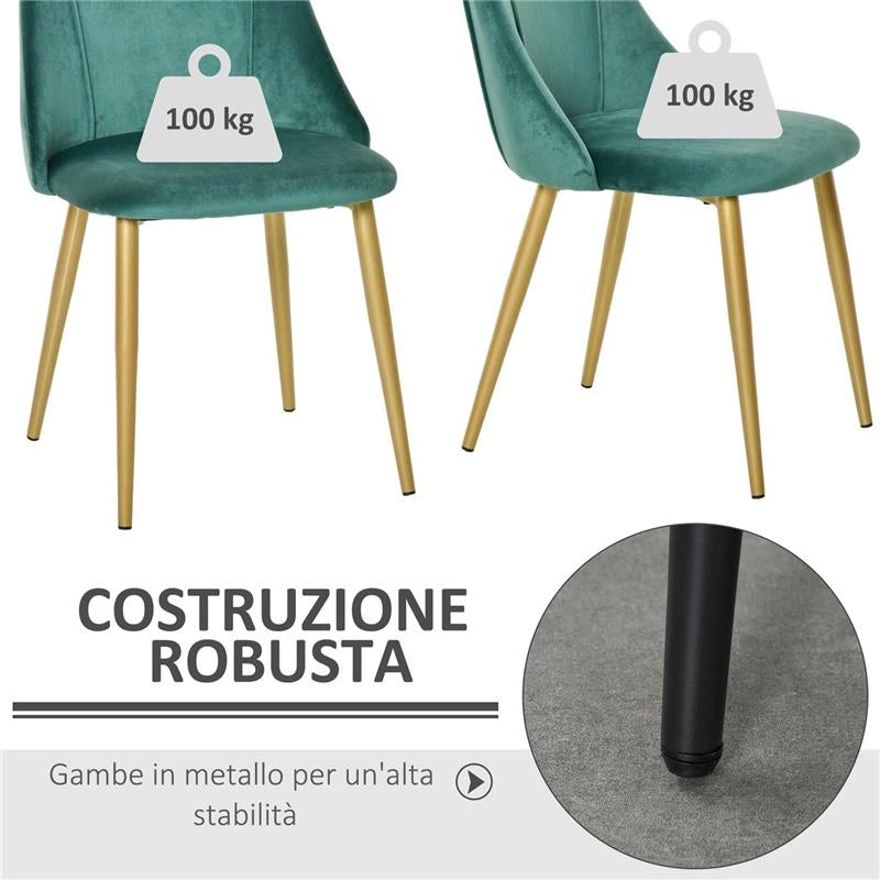 SET 2 SEDIE MODERNE IMBOTTITE CON RIVESTIMENTO EFFETTO VELLUTO VERDE