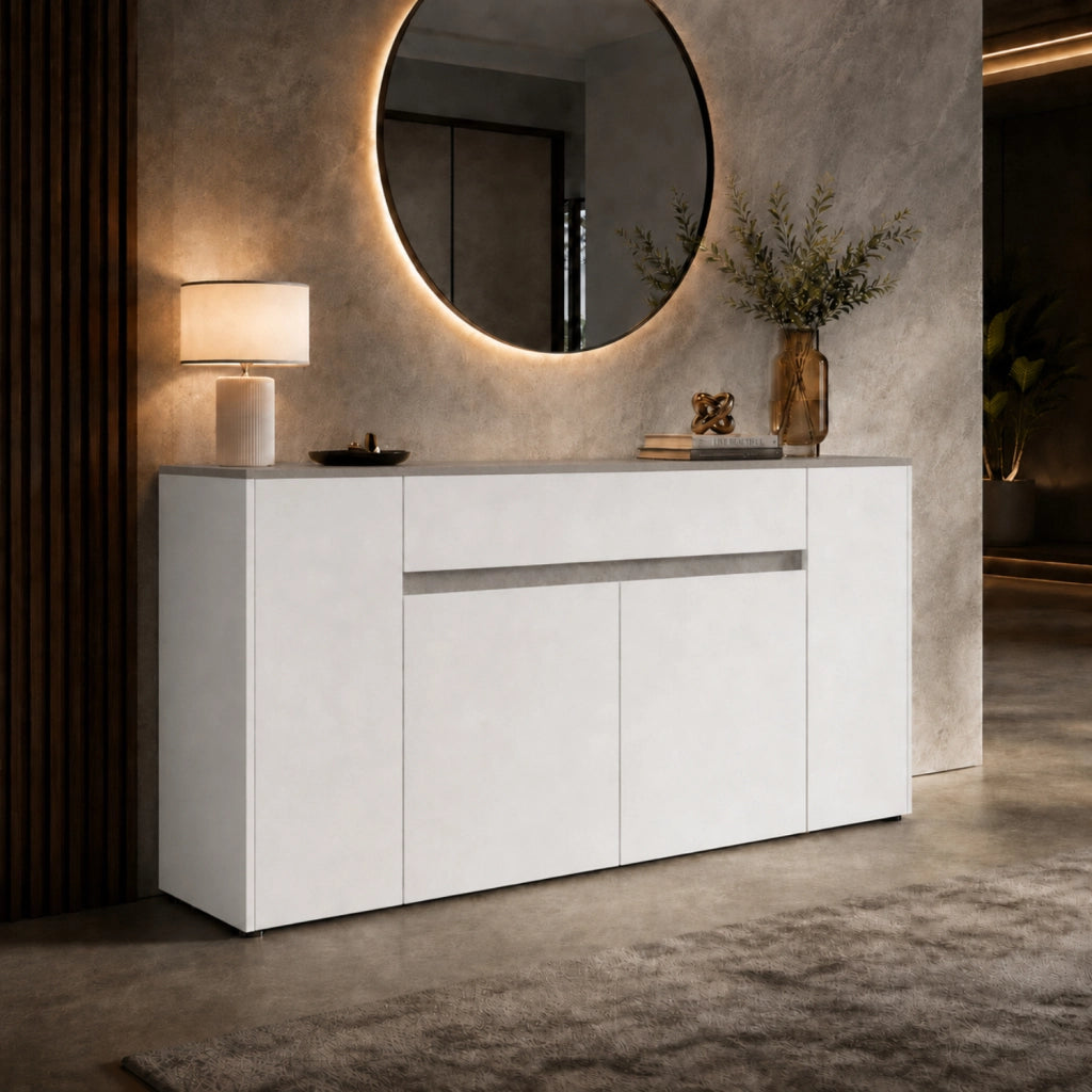 Mobile Contenitore Credenza Moderna In Melaminico Con 4 Ante E 1 Cassetto Design Senza Maniglie Per Soggiorno Sala Da Pranzo 170 X 85 X 40 Cm Bianco E Grigio Cemento