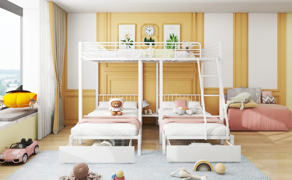 DESMIU Letto a castello 3 posti 140 × 200 cm e 2 × 90 × 200 cm con 2 cassetti, senza materasso, in metallo, bianco