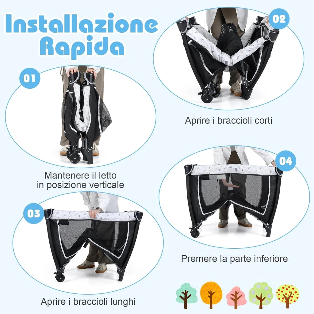 Culla Campeggio Bambini 5 in 1, Lettino Viaggio Neonati Pieghevole con Materasso, Fasciatoio e Tettoia, Box Portatile con Ruote, 2 Giocattoli Appesi e Carillon, per Bambini 0-3 Anni (Bianco)