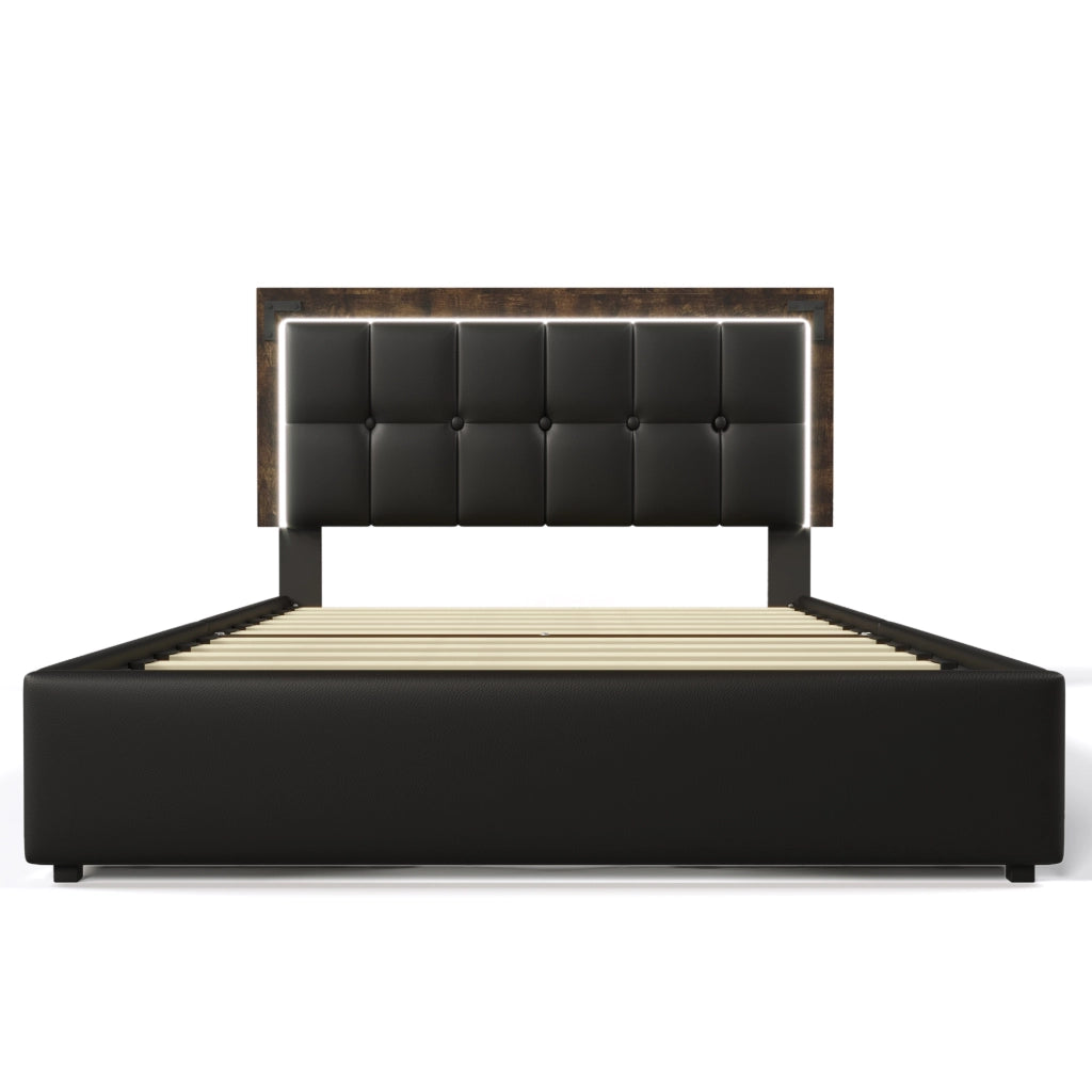 Letto Imbottito Matrimoniale con LED e 4 Cassetti ¨C MINIMAL ¨C Testiera Regolabile, Similpelle Nero, 160x200