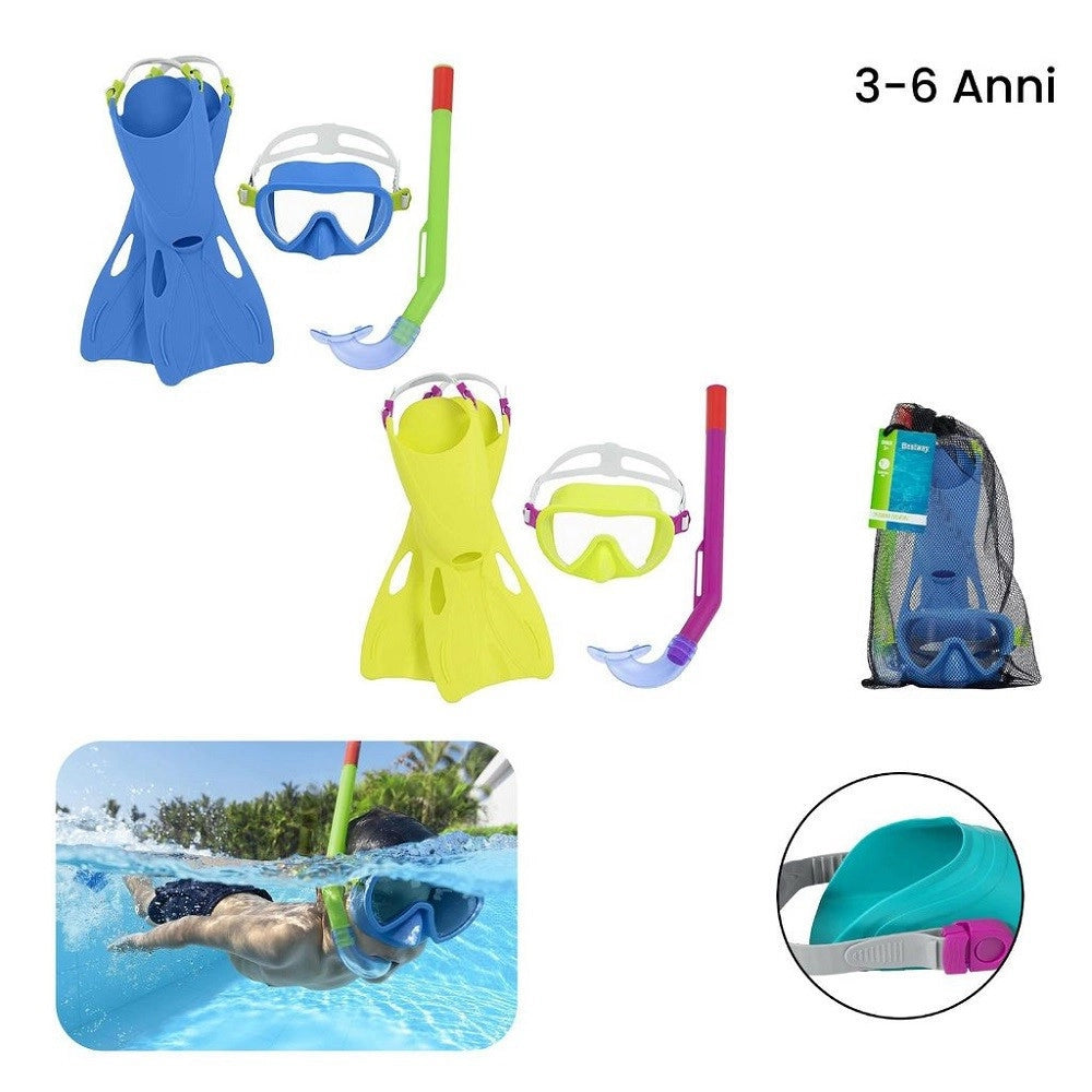 Trade Shop - Set Da Snorkeling Bambini Flapper Maschera Boccaglio Pinne 3-6 Anni 2 Col 25039 -