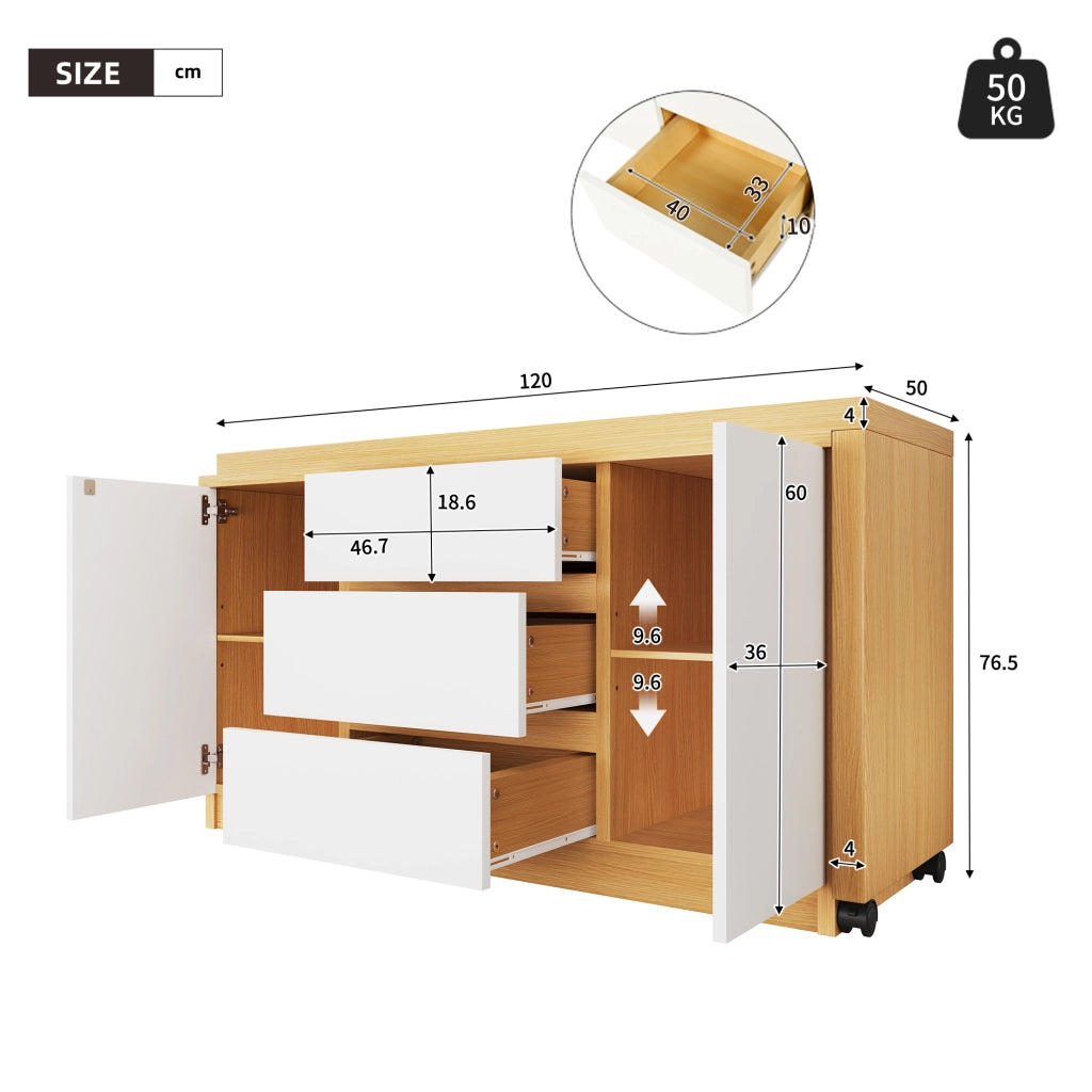 Scrivania pieghevole girevole 360° con ruote bloccabili, 2 ante e 3 cassetti, 120x50x76,5 cm, bianco/rovere