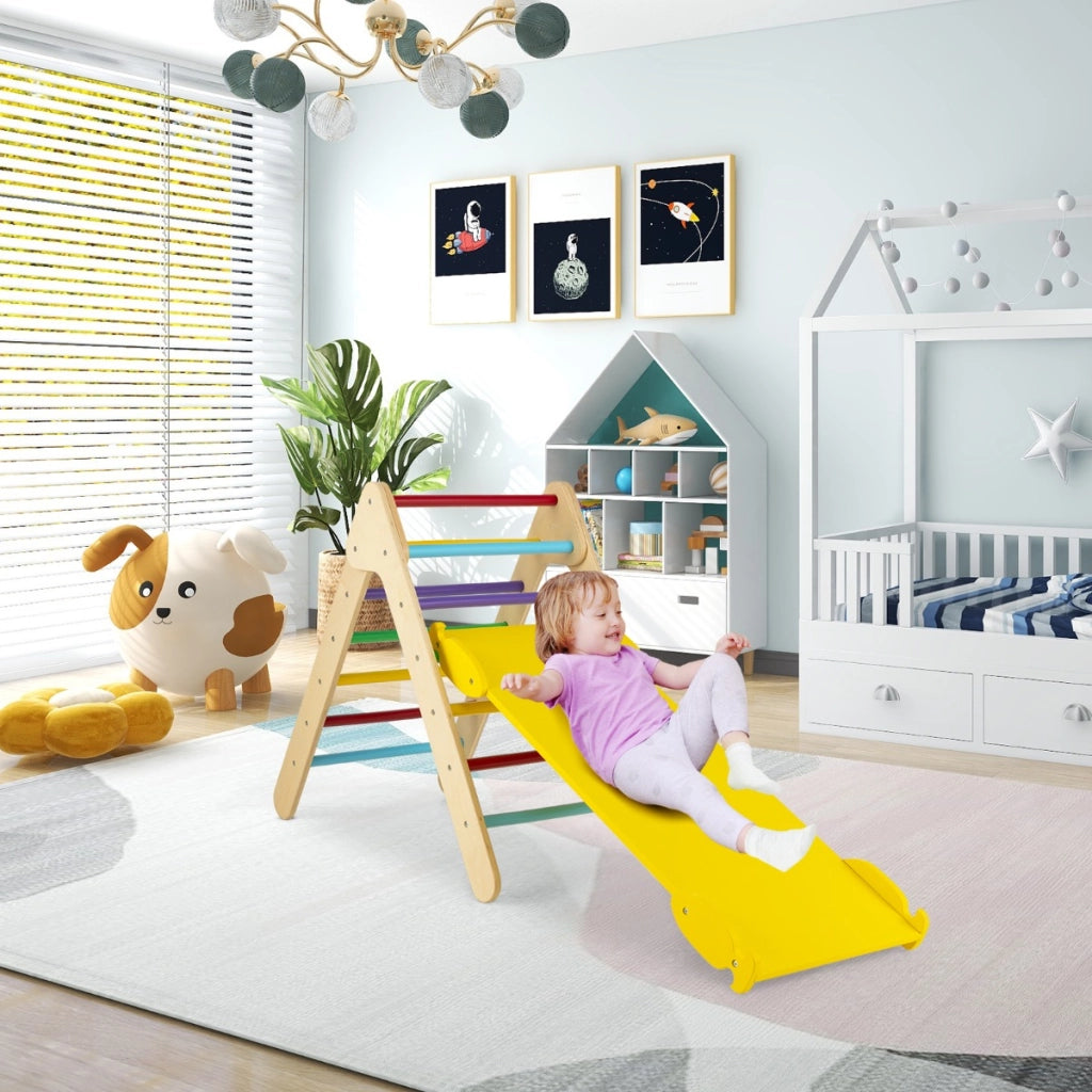 Arrampicata giocattolo a triangolo per bambini 3-in-1, Arrampicatore con rampa di scivolo a 2 lati Colorato-Giocattoli educativi