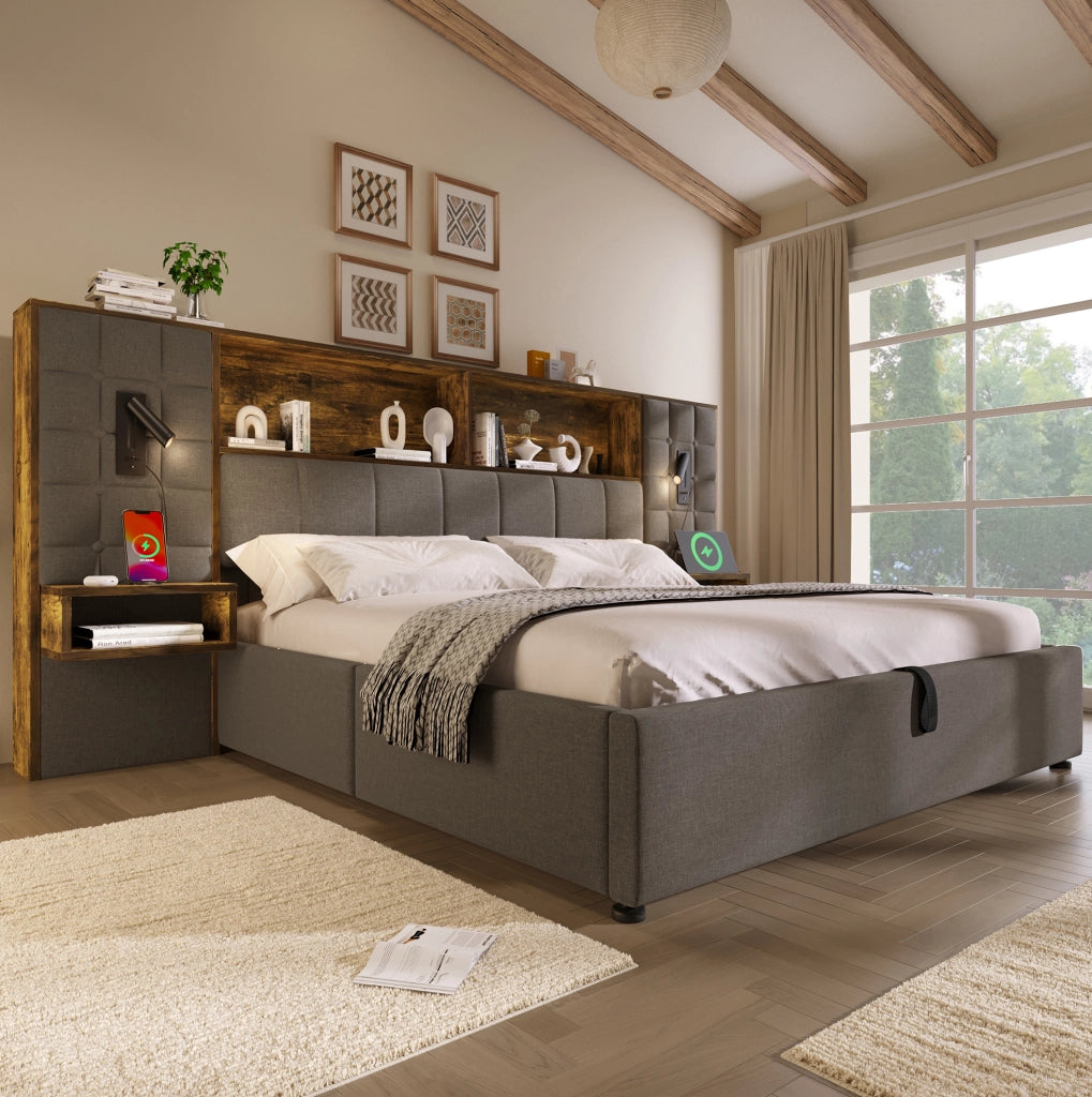 Letto matrimoniale 180x200 cm con contenitore; LED; USB e Type-C; comodini integrati; lino grigio