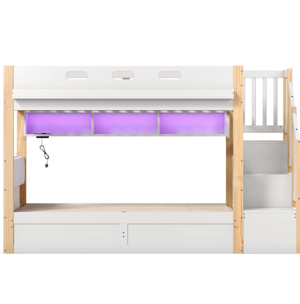 Letto a castello ULEVR 90x200 cm con contenitore idraulico, scala contenitore, LED e prese USB/Type-C, bianco