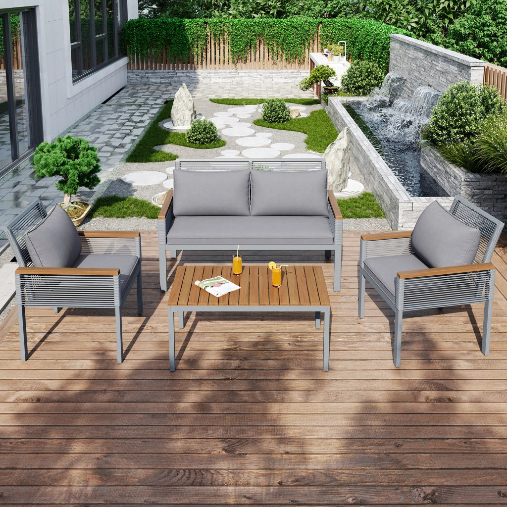 Set Divano da Giardino con Cuscini, 2 Poltrone e Tavolino ¨C MINIMAL ¨C Polyrattan, Grigio