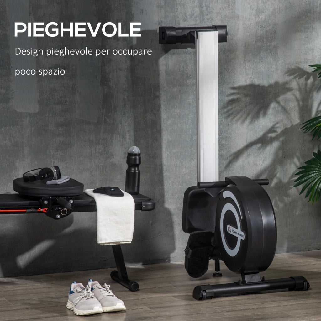 EasyComfort Vogatore Magnetico Pieghevole per Allenamento a Casa, Volano Regolabile su 8 Livelli e Monitor LCD, 185x58x57cm, Nero