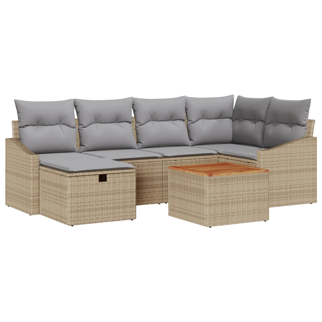Set Divano da Giardino di 7 Pezzi con Cuscini Beige in Polirattan