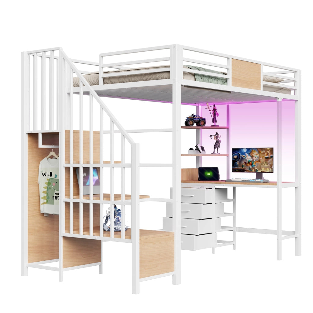 Hochbett in metallo 90x200 cm con scrivania, ripiani, bastone appendiabiti, LED e presa europea