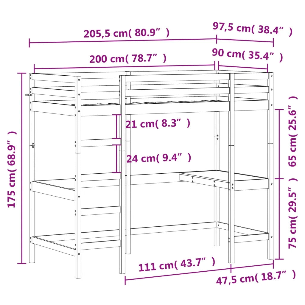 Letto singolo | Letto per adulti | Letto Soppalco con Scrivania Marrone Cera 90x200 cm Legno Pino