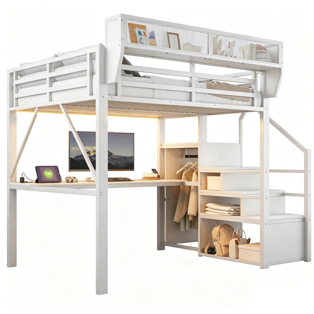Letto a soppalco in metallo 140x200 cm con scrivania lunga, LED, scala di sicurezza e ripiani flessibili, bianco