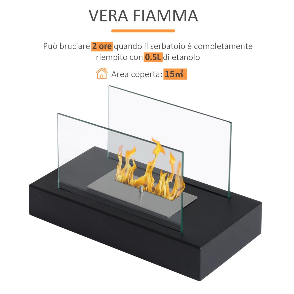 Easycomfort Camino a Bioetanolo da Tavolo 830 W Bruciatori senza Residui Inodore In Acciaio Inox con Vetro 35x18x21 cm Nero