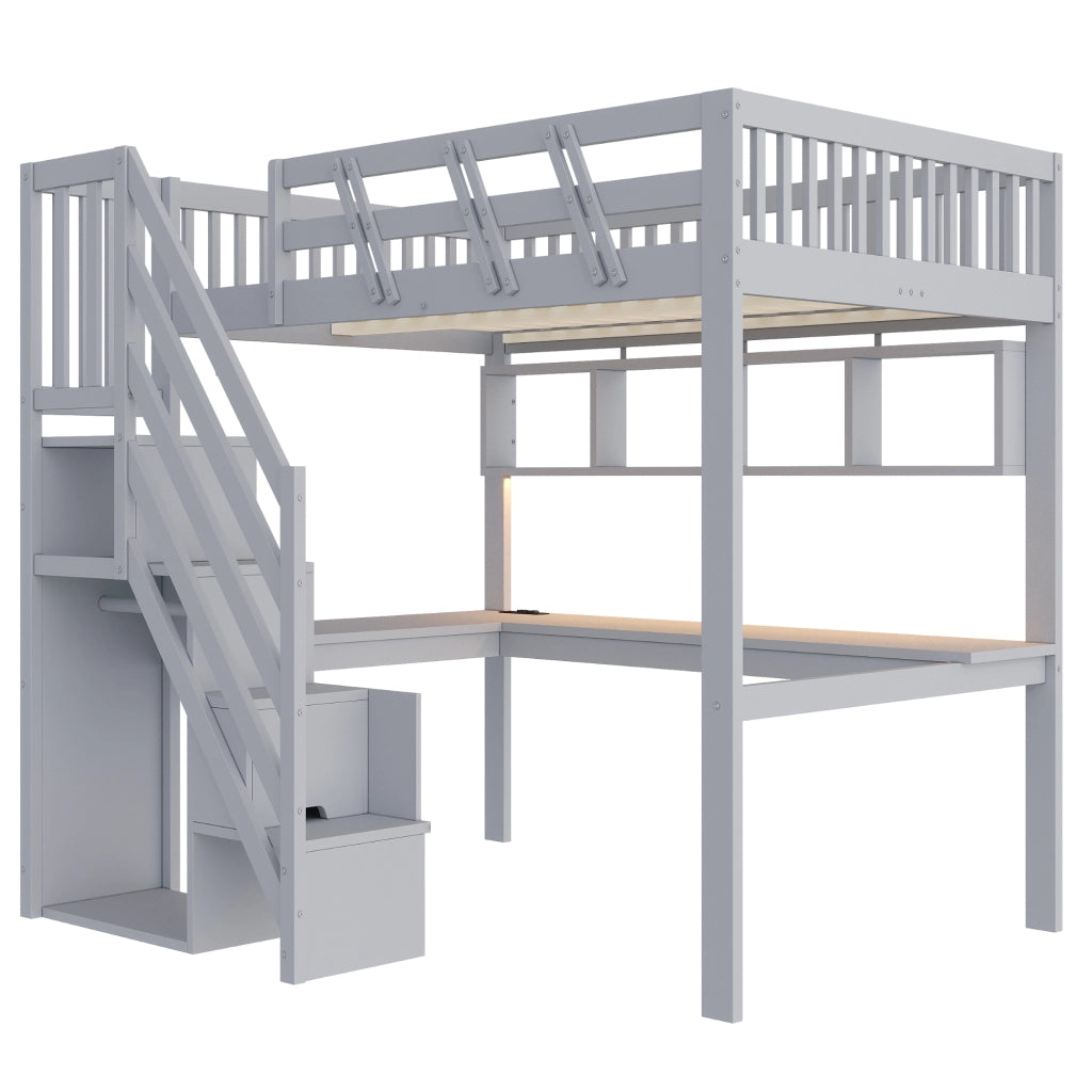 Letto a soppalco 140x200 cm con scala contenitore; scrivania; USB e LED; legno massello grigio