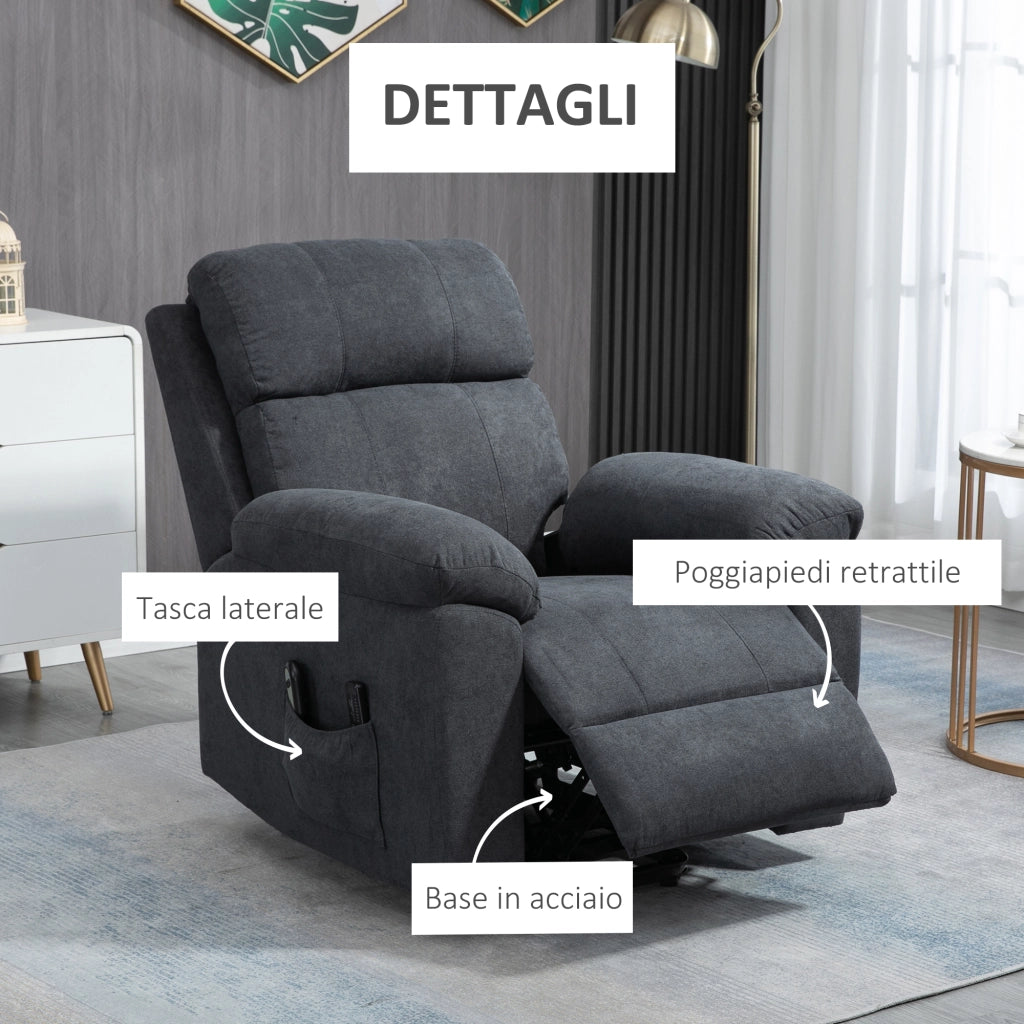 EasyComfort Poltrona Alzapersona Reclinabile fino a 135° con 8 Punti Massaggianti, Telecomando e Poggiapiedi 89x99x103 cm, Grigio
