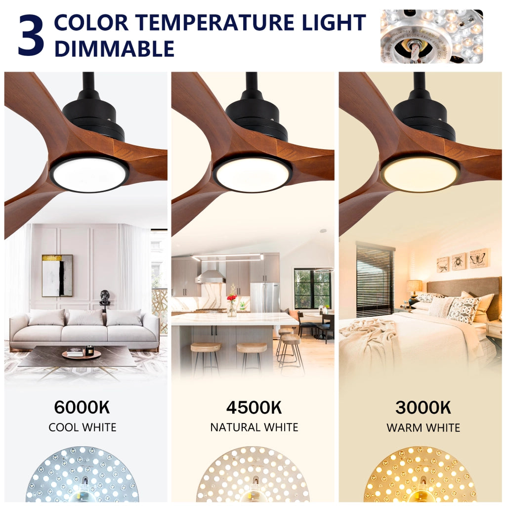 Nuovo ventilatore da soffitto 52 pollici con luce, 3 pale legno massello, 6 velocit¨¤, 3CCT dimmerabile, telecomando, design moderno