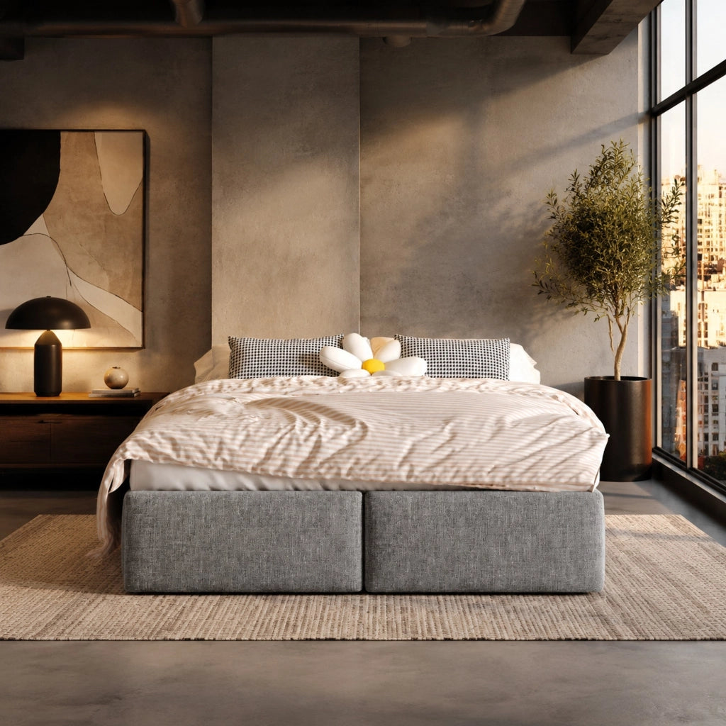 Letto imbottito 140x200 cm senza testiera; con contenitore idraulico e 2 cassetti; grigio