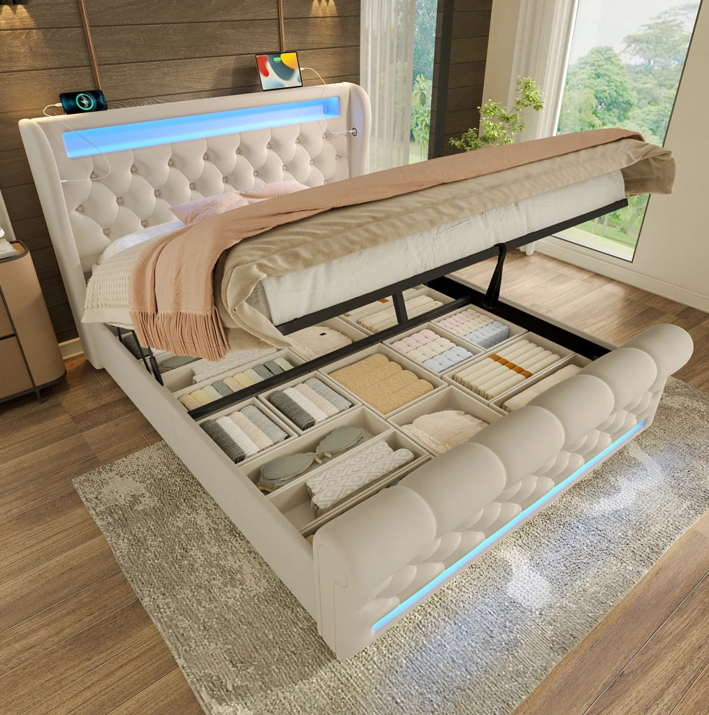 Letto imbottito 140x190 cm beige con LED, USB-C e vano contenitore