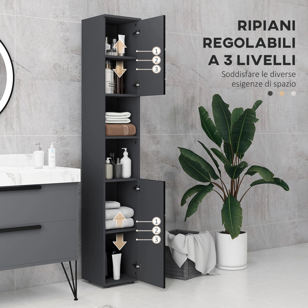 Colonna Bagno in Truciolato con 2 Ripiani Aperti e 2 Armadietti a 2 Livelli, 30x30x183 cm, Nero e Grigio