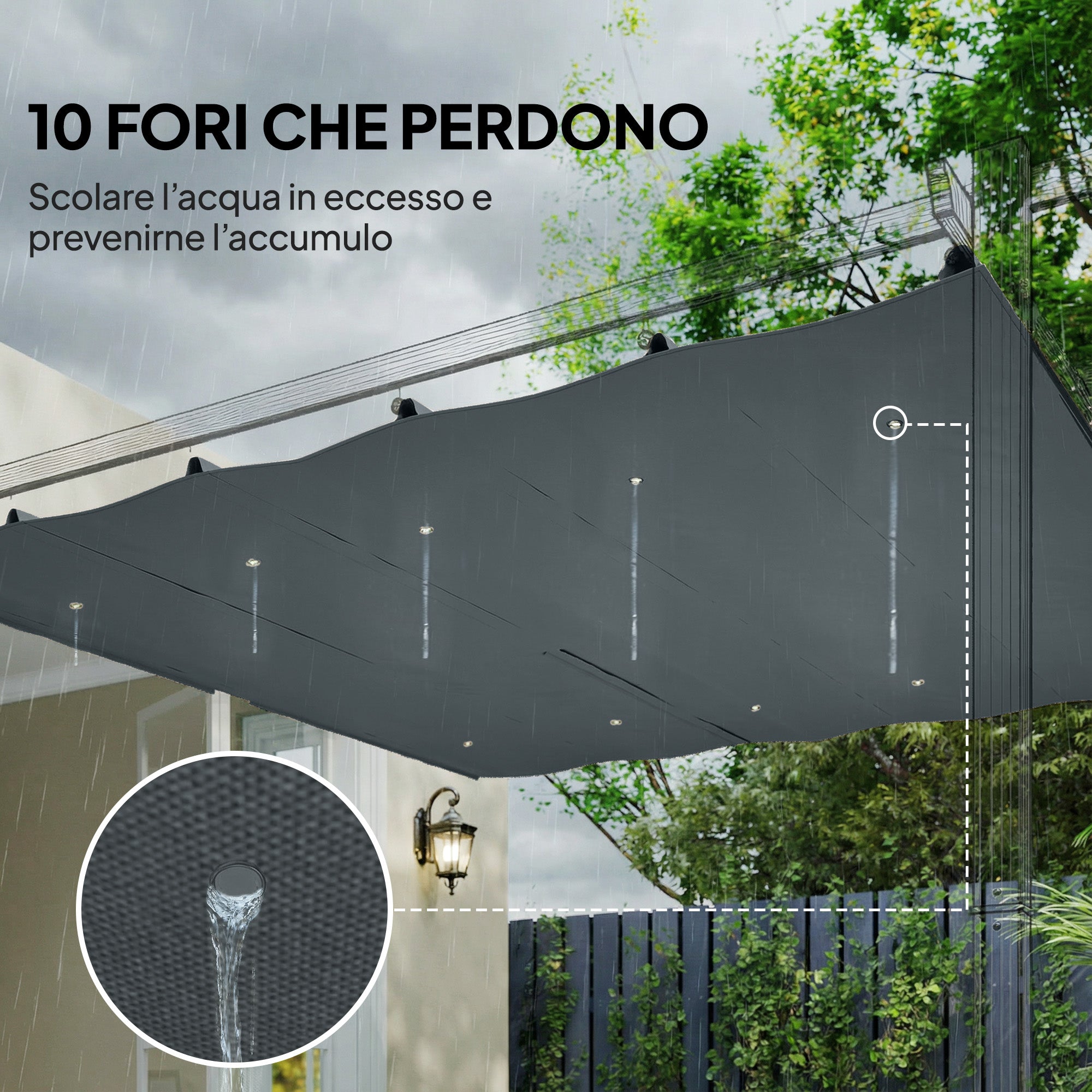 Telo per Pergola 288x298 cm con Fori di Drenaggio in Poliestere Traspirante UV30+ Grigio