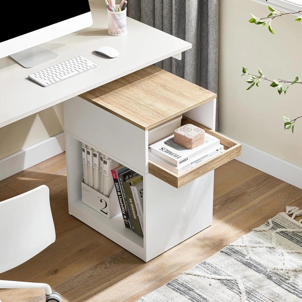 Cassettiera Scrivania con Ruote Cassettiera Ufficio con Scomparto Aperto e Cassetto Rimovibile Mobile Ufficio Porta Stampante Salvaspazio Bianco e Naturale 40x50x65cm ASK08-WN