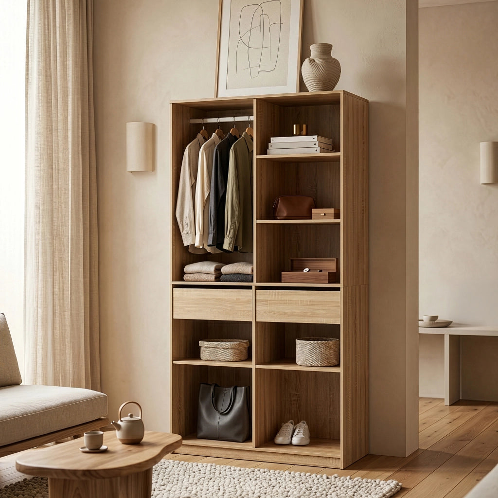 Armadio Aperto Vippsaki Guradaroba con Barra Appendiabiti 7 Scomparti e 2 Cassetti 200 x 100 x 50 cm - Effetto Rovere [en.casa]