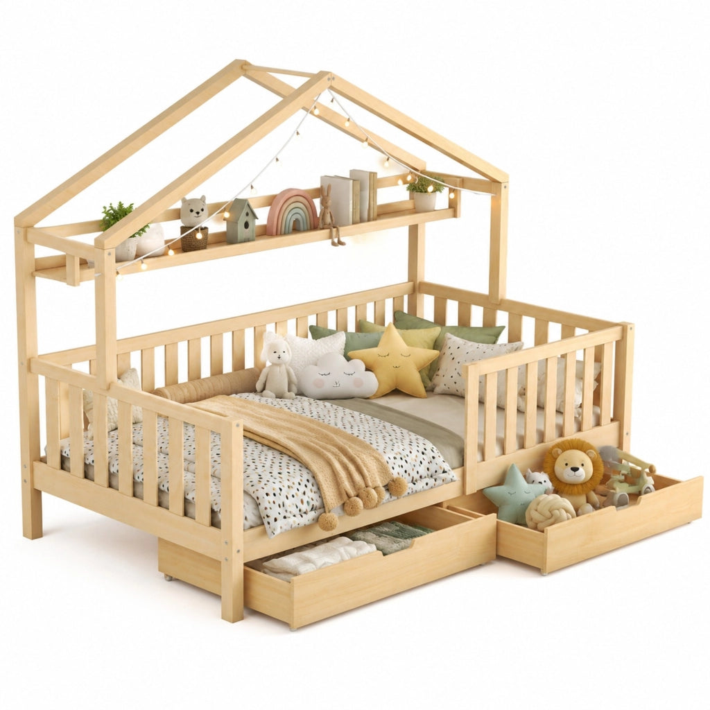 Letto a casetta per bambini 90x200 cm con cassetti, colore naturale, in legno di pino