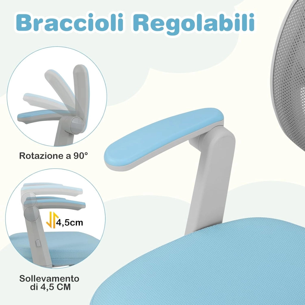 Sedia da Scrivania Bambini Girevole, Altezza Regolabile, Sedia da Studio per Ragazzi con Braccioli a Ribalta e Poggiapiedi, Poltrocina in Rete per Bambini 3-15 Anni, Portata 150 kg (Blu)