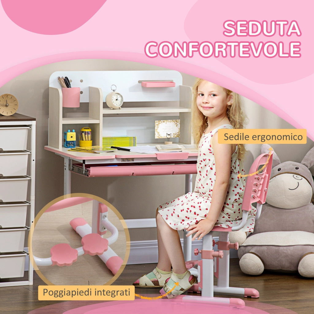 Set Scrivania e Sedia per Bambini da 3 Anni Regolabile, Tavolo Inclinabile a 60¡ã con Cassetto e Ripiani, Rosa