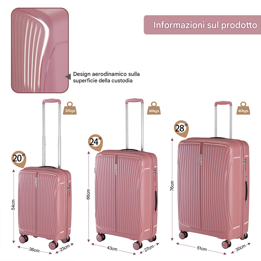 Set 3 Valigie Rigide ABS 90 59 38 Litri con Ruote Easy Roll e Lucchetto Rosa