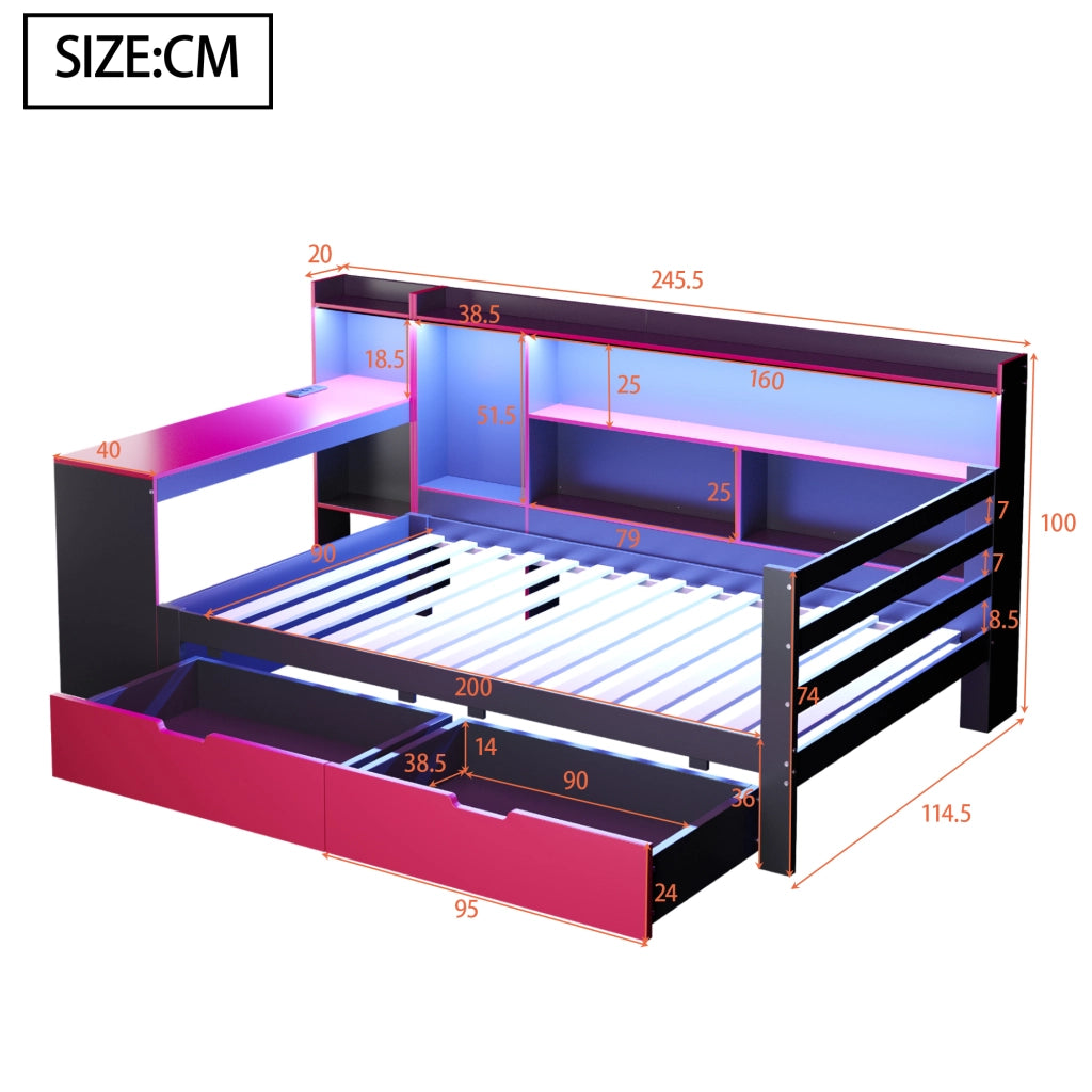OKWISH Letto a Divano 90×200 cm, Letto Singolo con Scrivania, Libreria, 2 Cassetti, LED e Prese USB, senza Materasso, Nero e Rosso