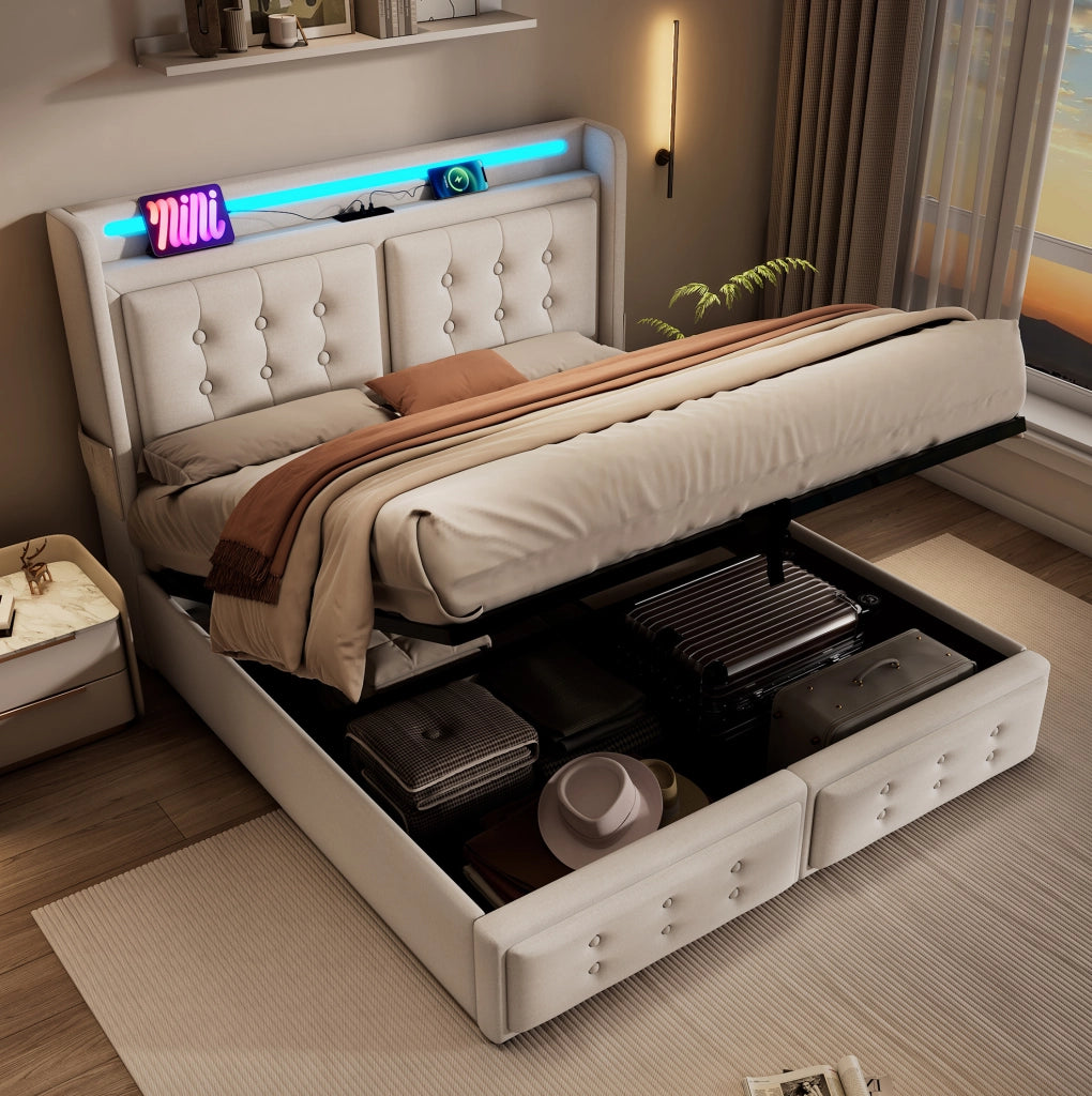 Letto matrimoniale 180x200 cm con contenitore; LED e porte USB; in tessuto beige