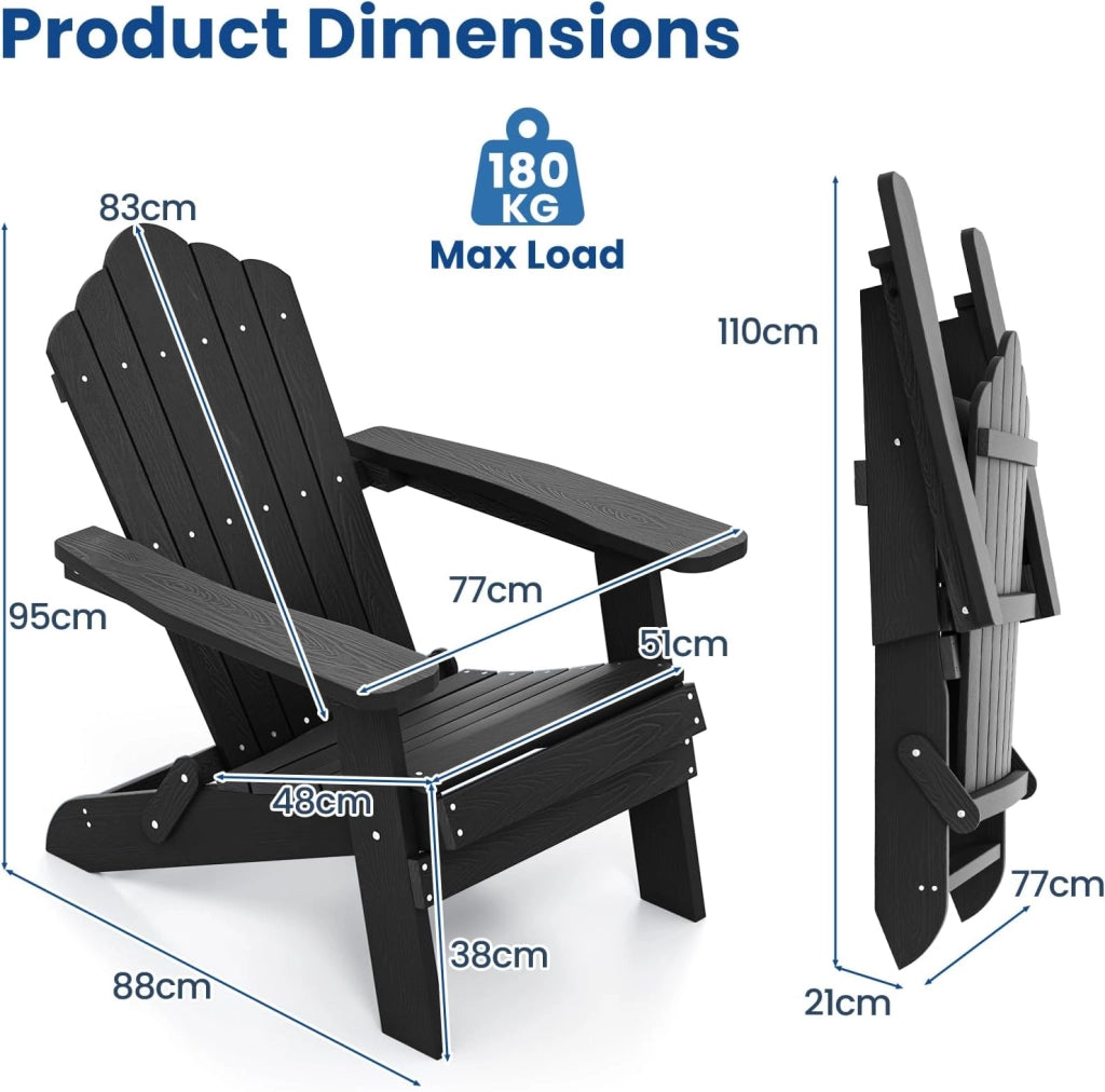 Adirondack - Sedia pieghevole, sedia da giardino con schienale inclinato e braccioli larghi, poltrona ergonomica con carico di 180 kg, seduta esterna per balcone, terrazza (nero)