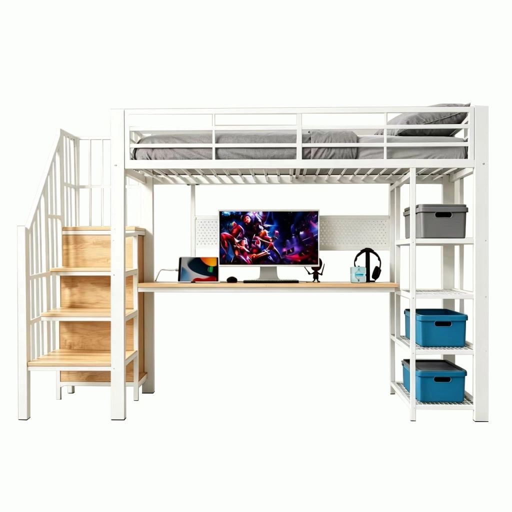 Letto a soppalco multifunzione 90 x 200 cm, con scrivania, mensole a pi¨´ livelli, LED e prese, bianco