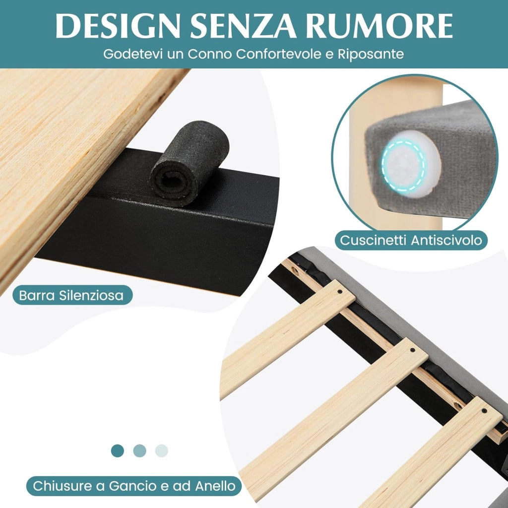 Letto con Struttura Imbottita in Velluto, Telaio da Letto con Doghe in Legno Massello e Testiera, 140 x 200 cm, Carico Massimo 500kg