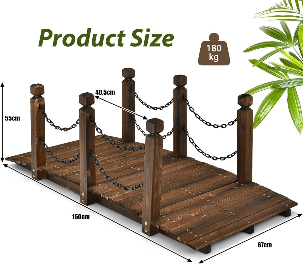 Ponte da Giardino in Legno di Abete Carbonizzato con Ringhiere di Catene, Ponticello Robusto Portata 180 kg, 150 x 67 x 55 cm, Marrone