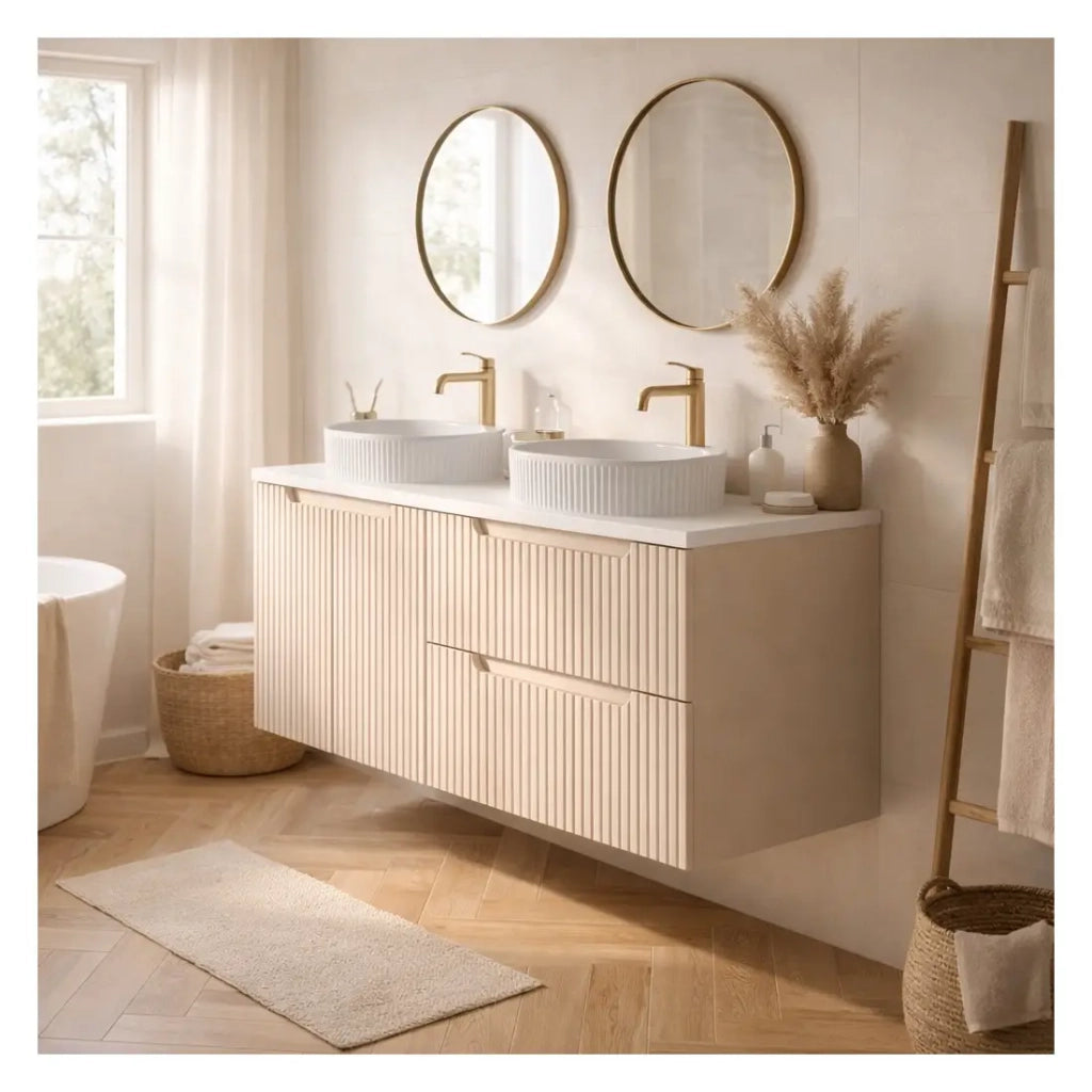 Insieme VANO cashmere e bianco 120cm: mobile sottolavabo con cassetti e armadietti + piano per lavabo + lavabi da appoggio scanalato