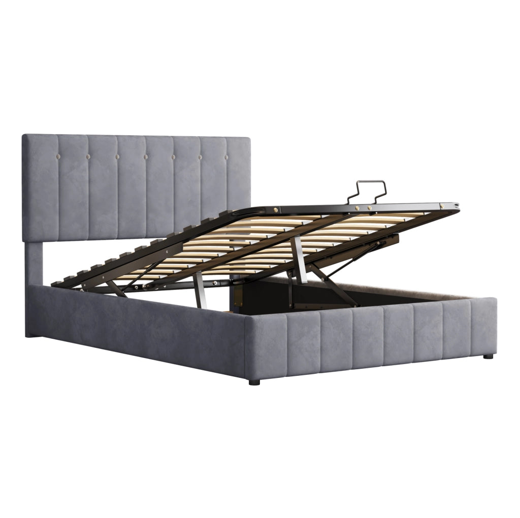 Letto matrimoniale imbottito 140x200 cm con contenitore; meccanismo idraulico e velluto grigio
